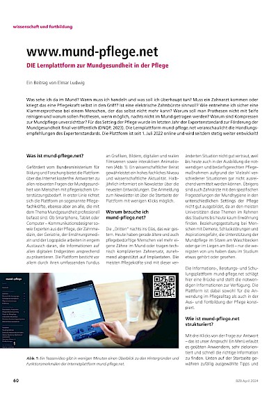 Presse Veröffentlichungen www.mund-pflege.net: DIE Lernplattform zur Mundgesundheit in der Pflege, in: Bayerisches Zahnärzteblatt BZB, April 2024, S. 60-63