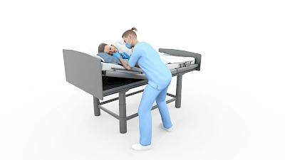 In Seitlage kann die Mundpflege über die Abstützung der Ellenbogen auf der Matratze erfolgen. Ggf. kann zur besseren Abstützung auch kurzzeitig der Bettseitenschutz genutzt werden.