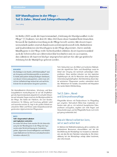 Öffentlichkeitsarbeit SOP Mundhygiene in der Pflege - Teil 2: Zahn-, Mund und Zahnprothesenpflege