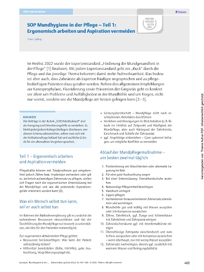Öffentlichkeitsarbeit SOP Mundhygiene in der Pflege - Teil 1: Ergonomisch arbeiten und Aspiration vermeiden