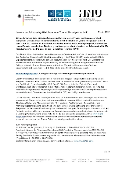 Presse 1.7.2022: "Innovative E-Learning-Plattform zum Thema Mundgesundheit"
