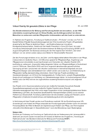 Presse 25.6.2020: "Virtual Reality für gesunde Zähne in der Pflege"