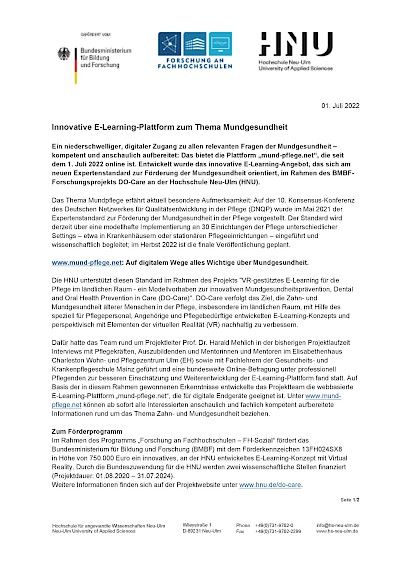 Presse Veröffentlichungen Presseinformationen: Steckbrief "mund-pflege"